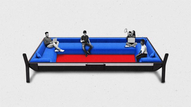 Figures on laptops and using megaphones sitting on a couch within a TV screen.