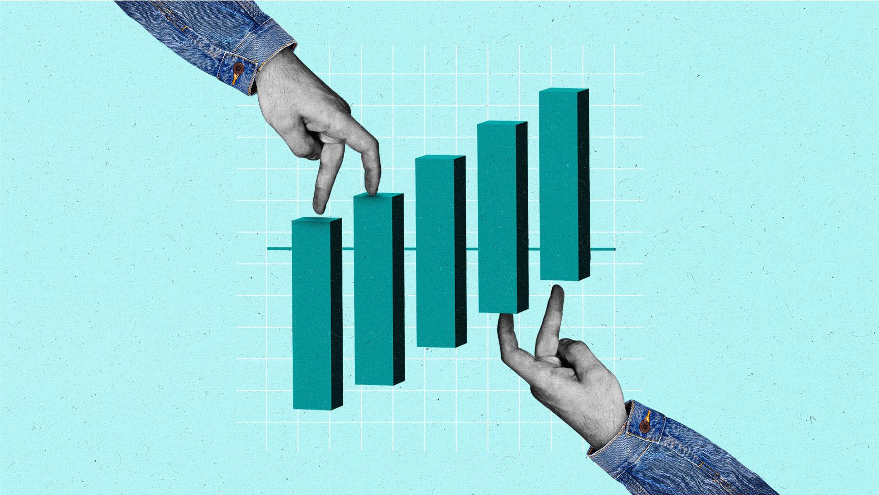 Two hands of business people wearing denim jackets 'walking' up and down the bars of a bar chart.