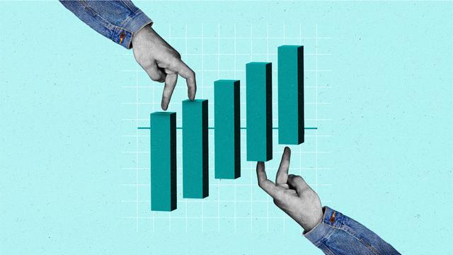 Two hands of business people wearing denim jackets 'walking' up and down the bars of a bar chart.
