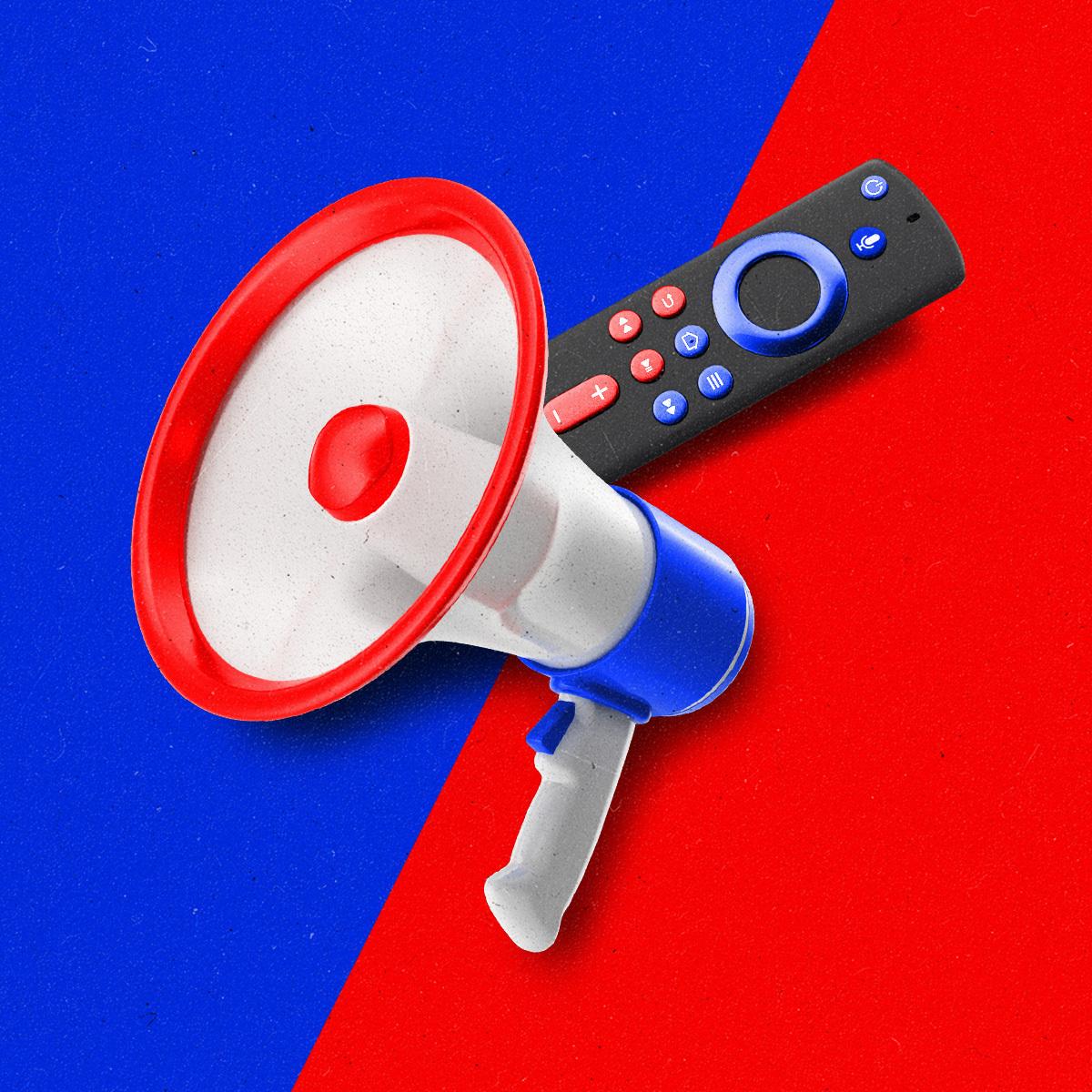 A megaphone and streaming remote, crossed and displayed in red and blue