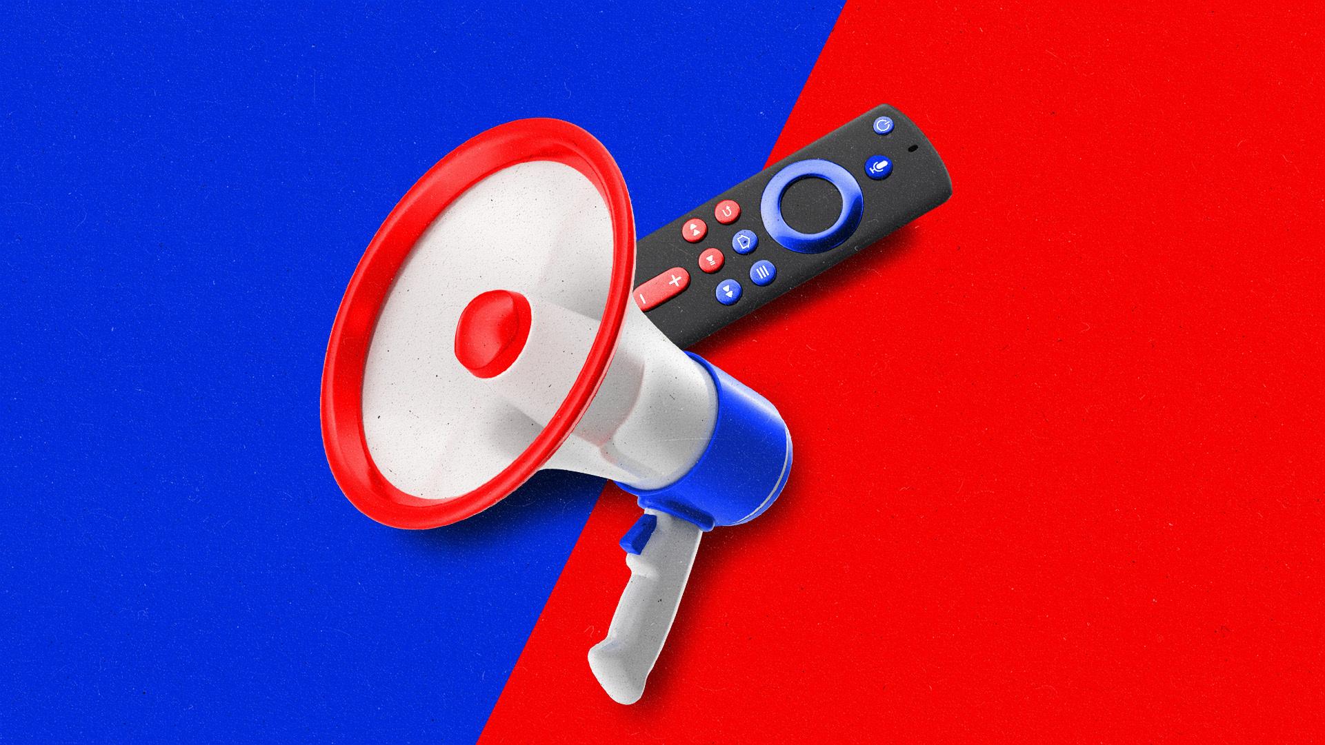 A megaphone and streaming remote, crossed and displayed in red and blue