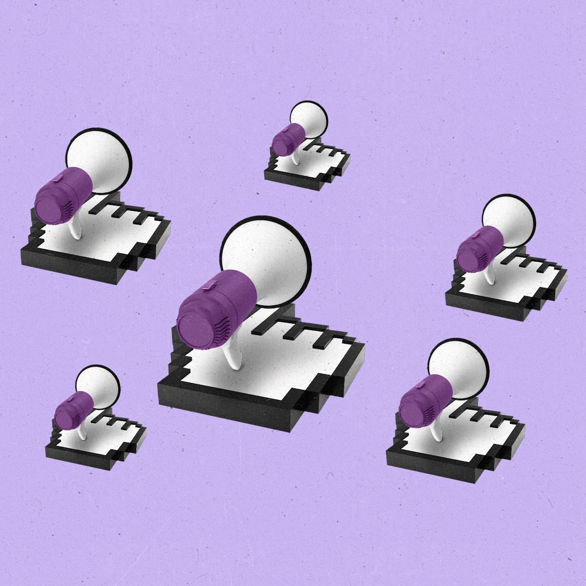Megaphones 'riding' on pixelated pointing cursors.