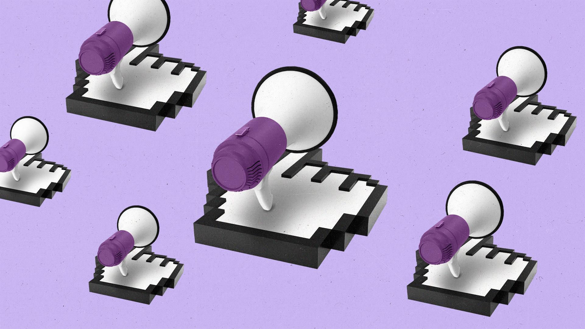 Megaphones 'riding' on pixelated pointing cursors.