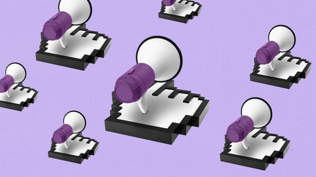 Megaphones 'riding' on pixelated pointing cursors.