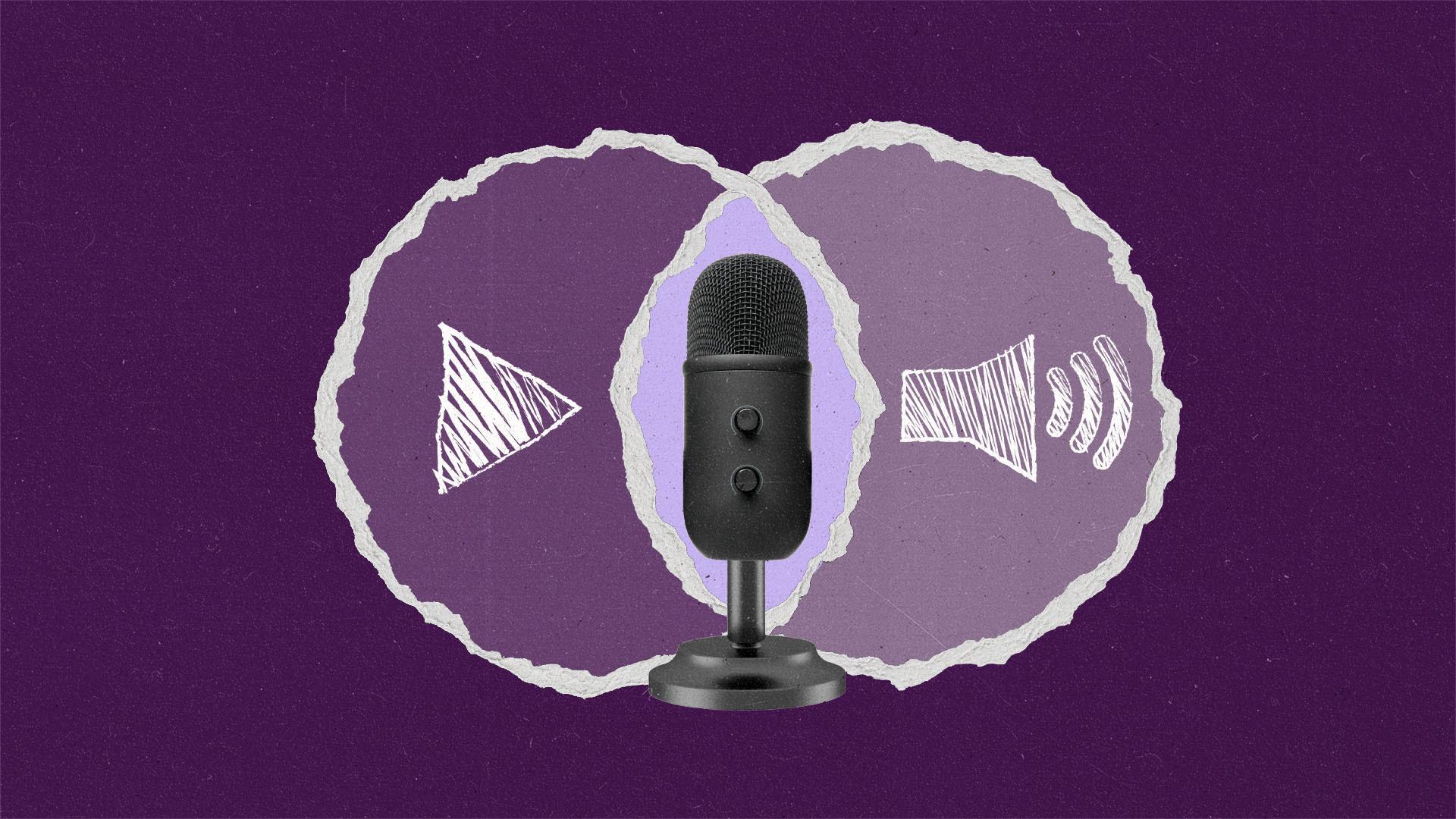 A paper cut out of a Venn diagram with a play button and speaker icon on the sides and a microphone in the center.