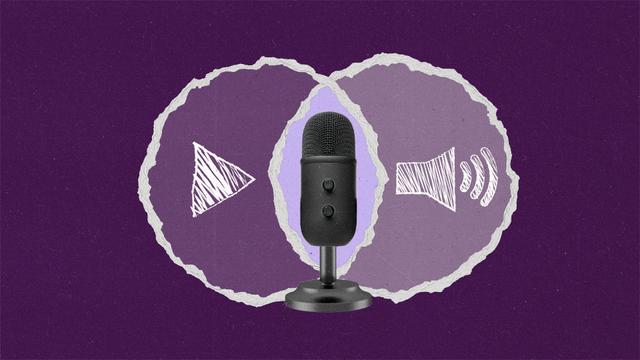 A paper cut out of a Venn diagram with a play button and speaker icon on the sides and a microphone in the center.