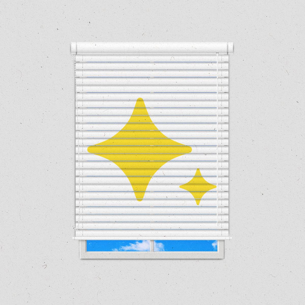 Venetian blinds covering a window with blue sky behind, with AI sparkles on the blinds.