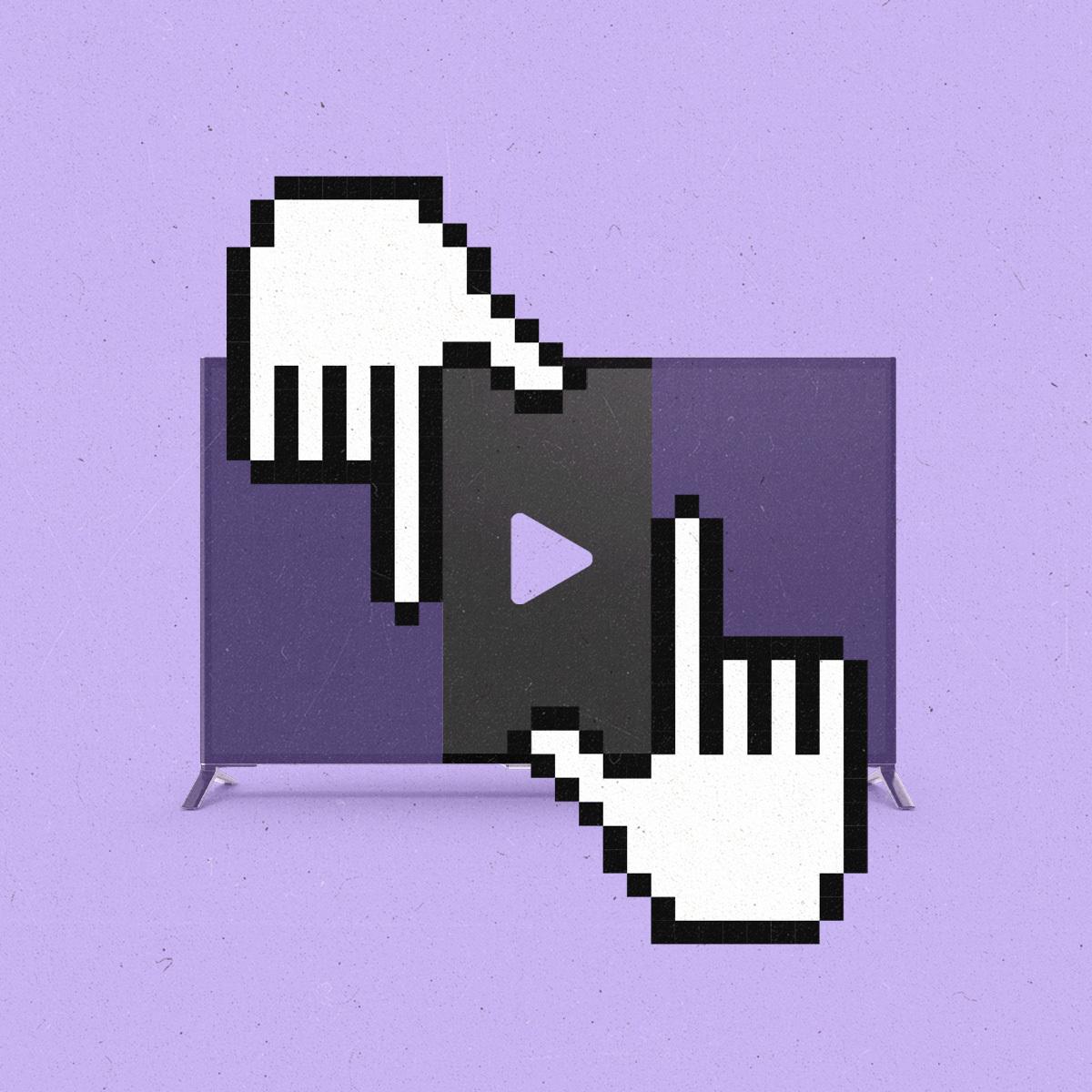 Two cursor hands holding thumb and forefinger out to frame a vertical video over a TV screen.