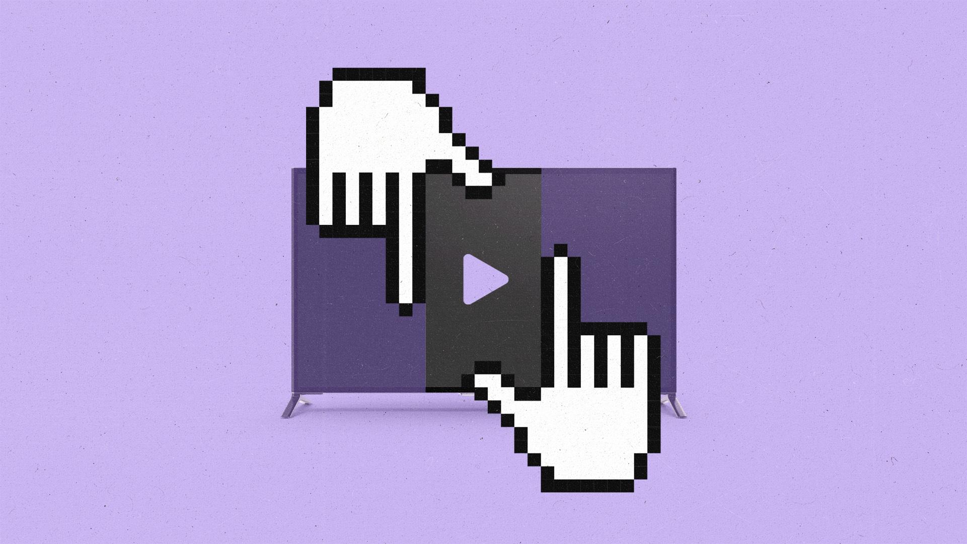 Two cursor hands holding thumb and forefinger out to frame a vertical video over a TV screen.