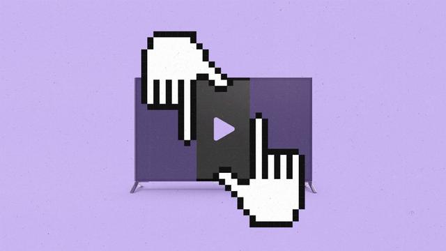 Two cursor hands holding thumb and forefinger out to frame a vertical video over a TV screen.