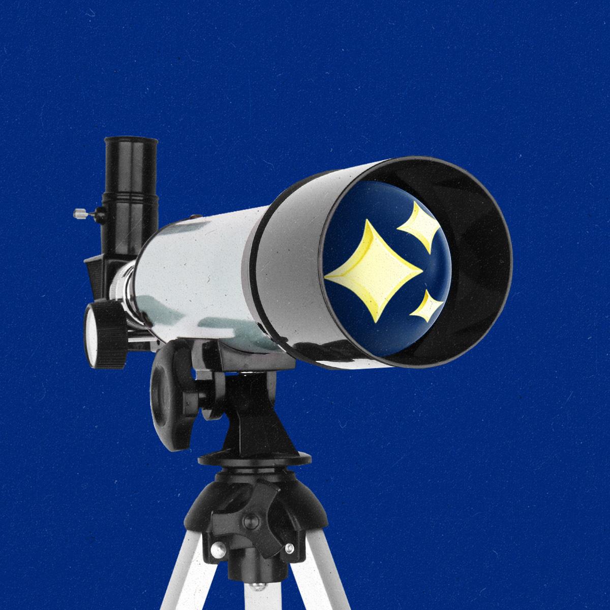 A telescope with AI sparkles reflected in the lens.