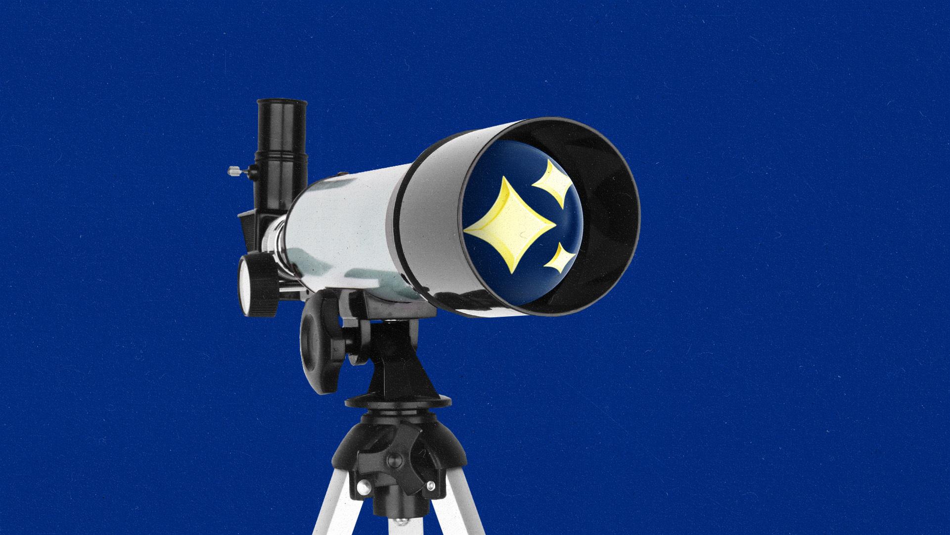 A telescope with AI sparkles reflected in the lens.