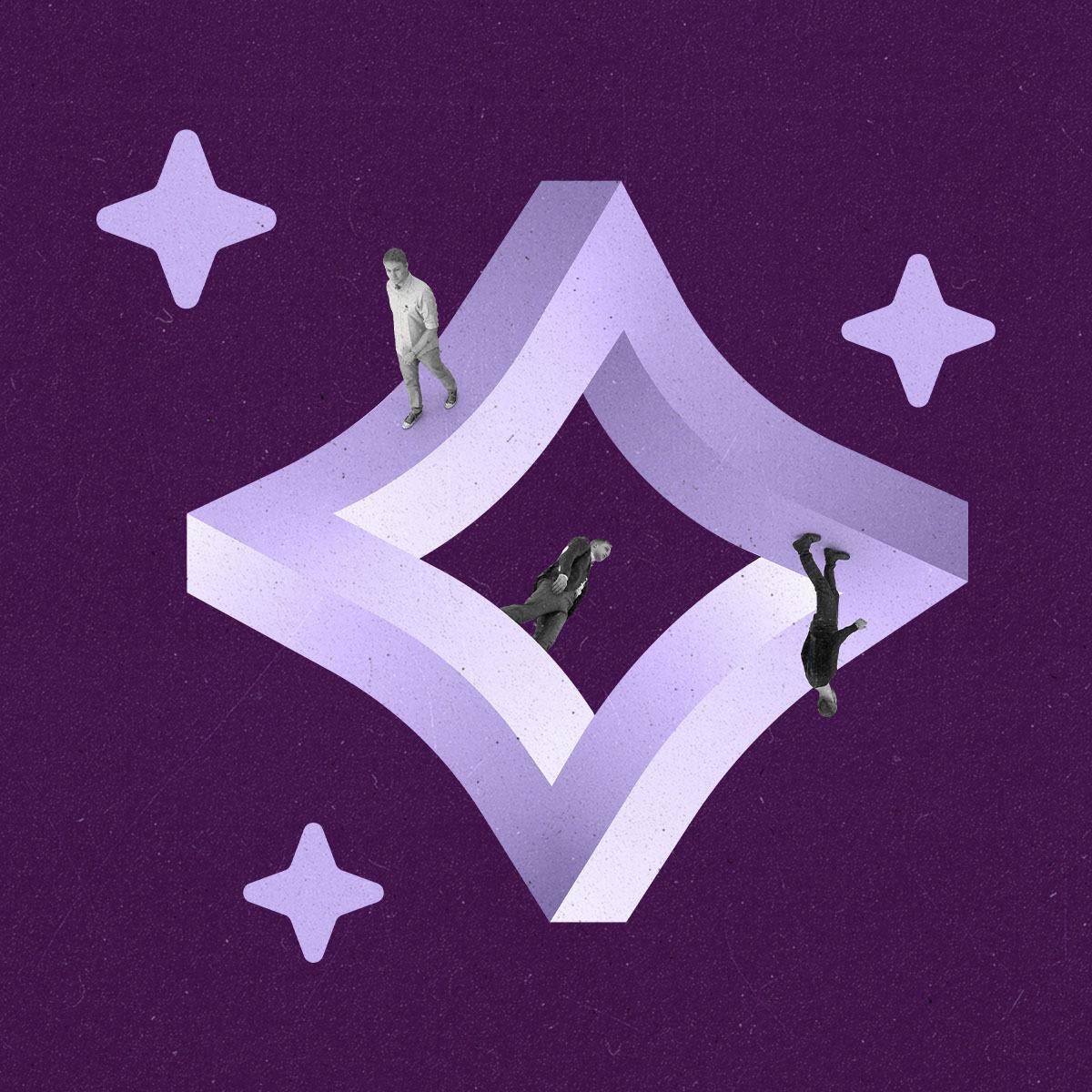 An impossible shape in the form of an AI star with people walking on.