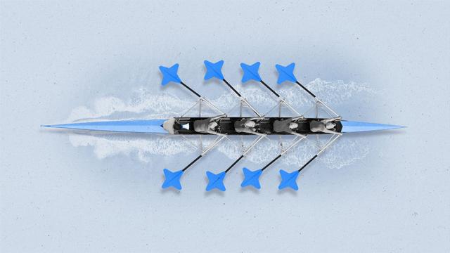 A row boat team with paddles in the shape of AI sparkles with a leader at the end with a megaphone.