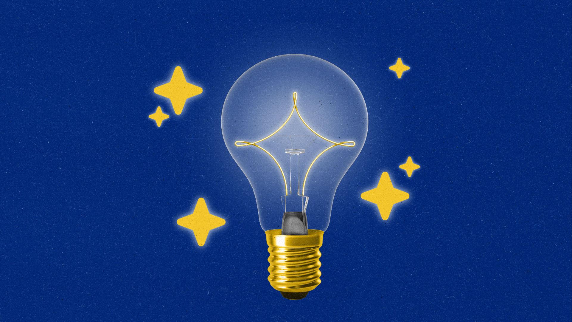 Illustrated light bulb on blue background representing innovative thinking and inspiration.