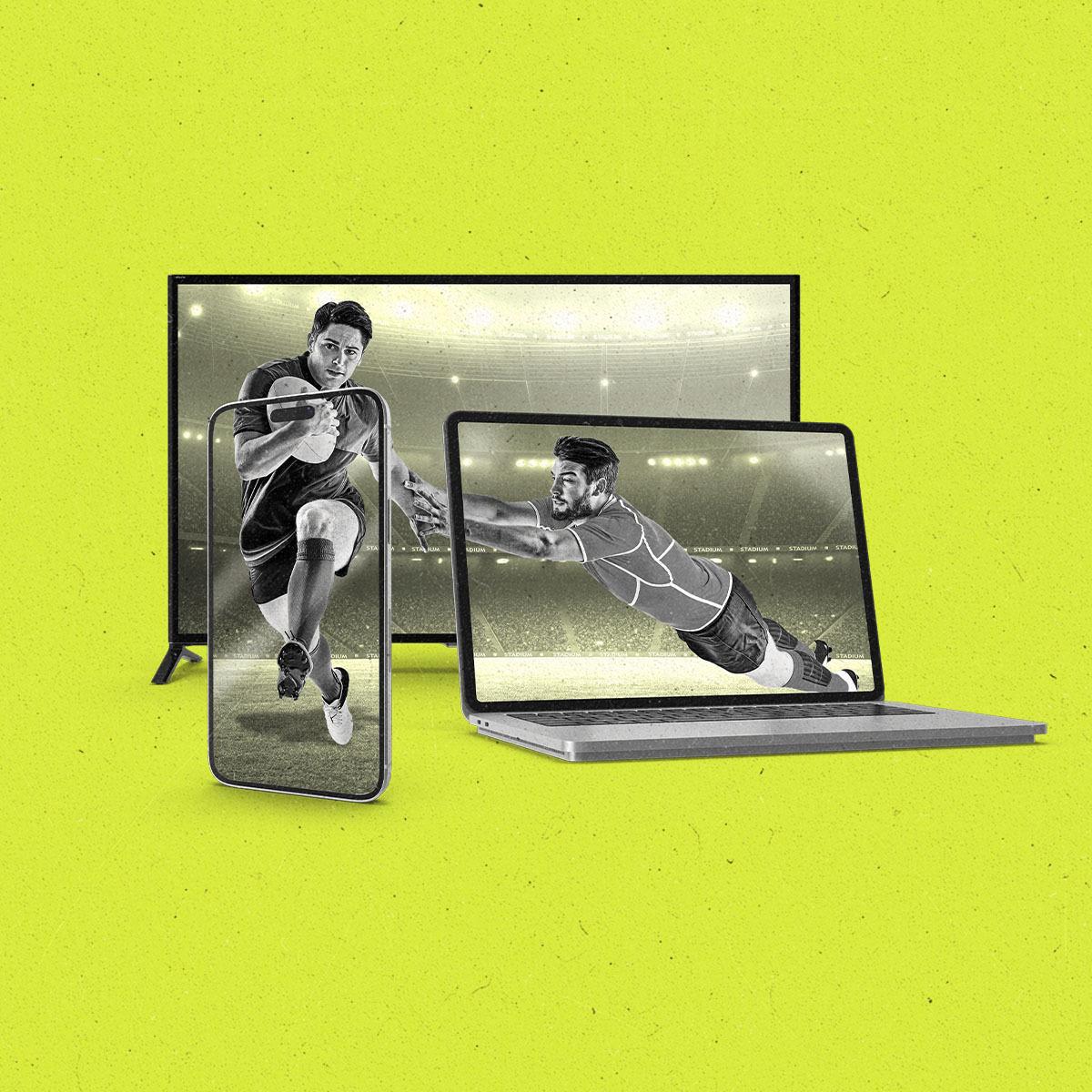 A cellphone, laptop, and TV overlap and compose a football scene