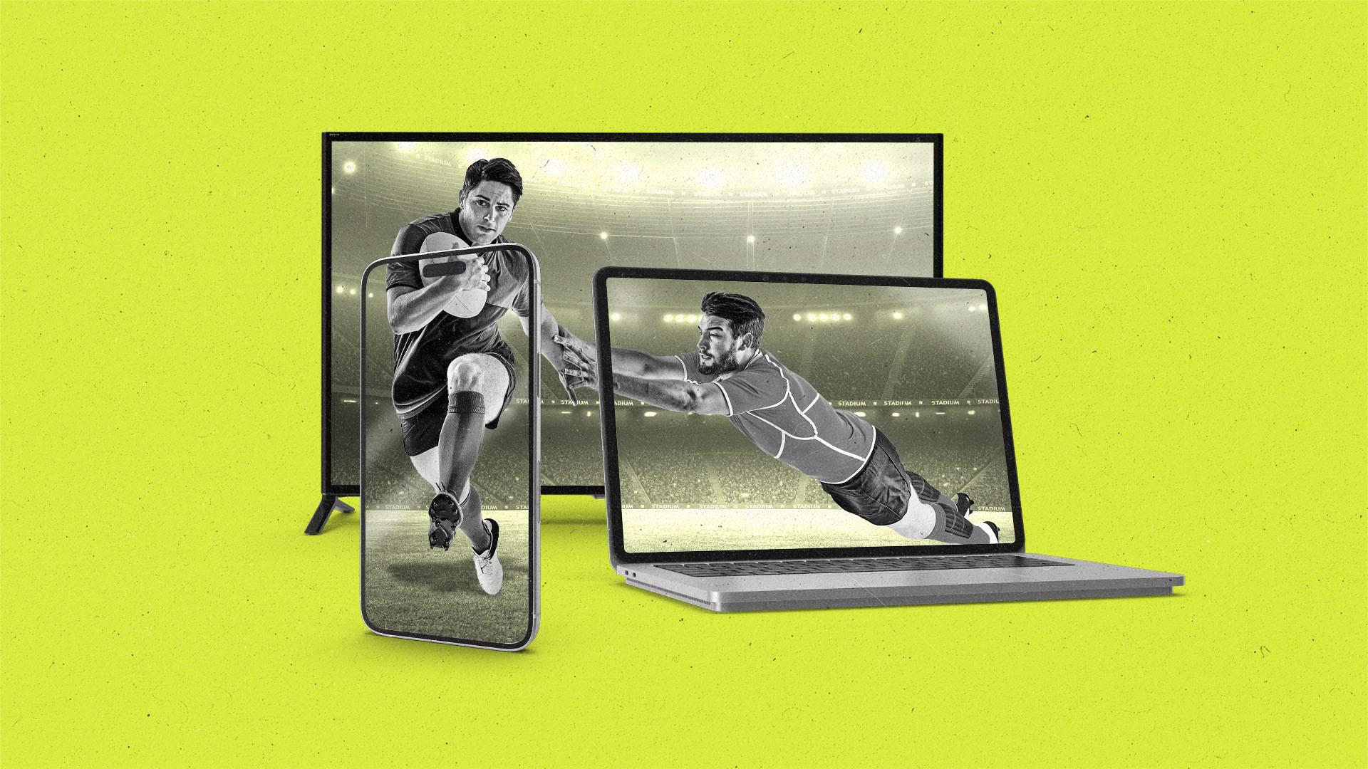 A cellphone, laptop, and TV overlap and compose a football scene