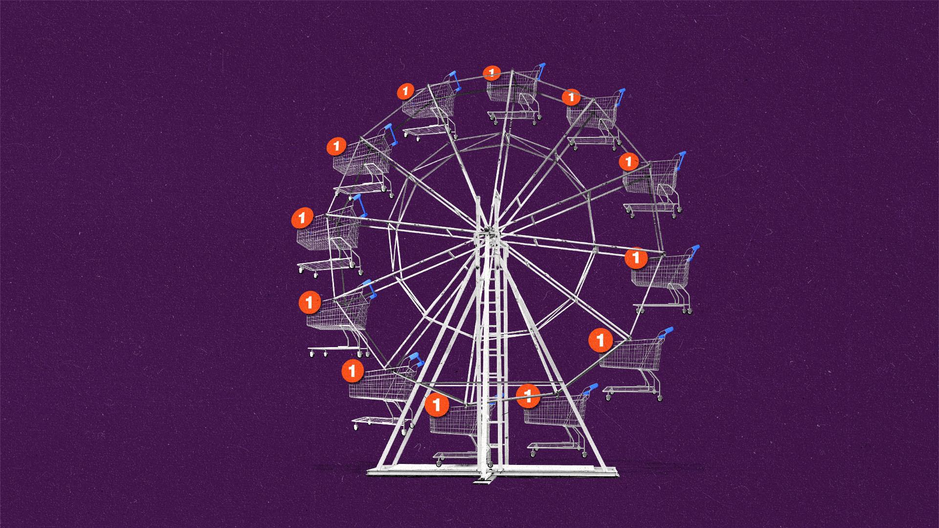 A ferries wheel with cabins as shopping carts each with a bubble with the number one in it.