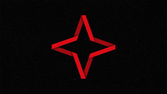 A red AI sparkle composed of a folding red ribbon reminiscent on a black background.