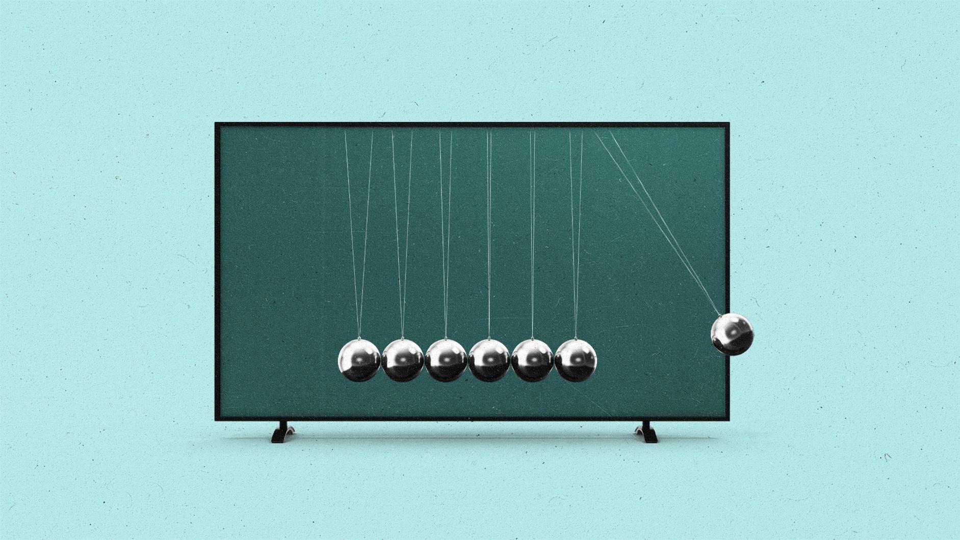 Newton's cradle swinging from within the frame of a TV to the outside