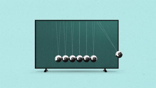 Newton's cradle swinging from within the frame of a TV to the outside