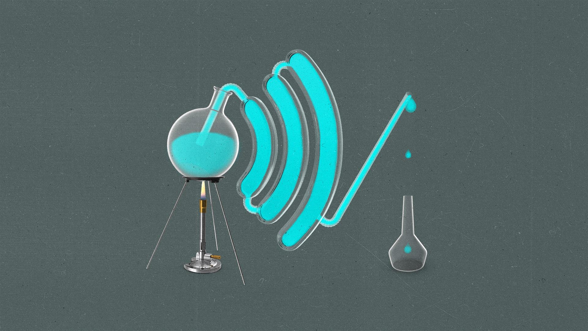 Liquid moving through a distillation system shaped like a signal icon.
