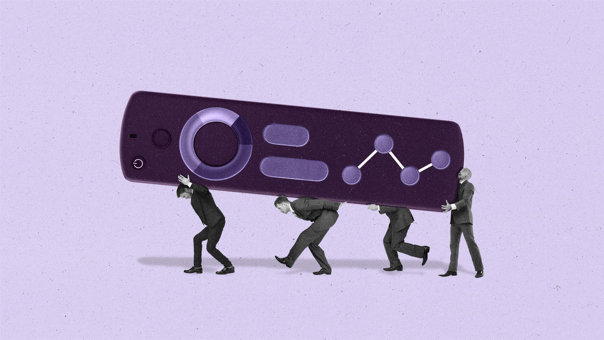A TV remote with buttons made to looks like data viz will small people underneath carrying it.