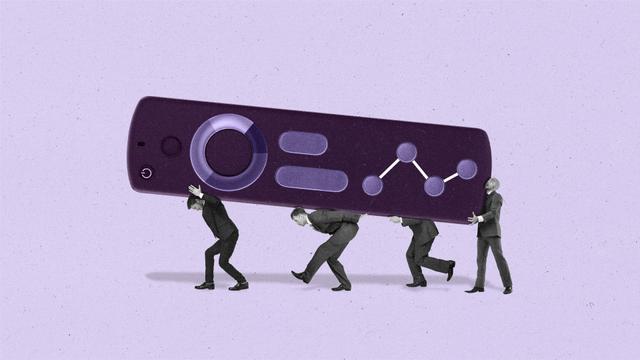A TV remote with buttons made to looks like data viz will small people underneath carrying it.
