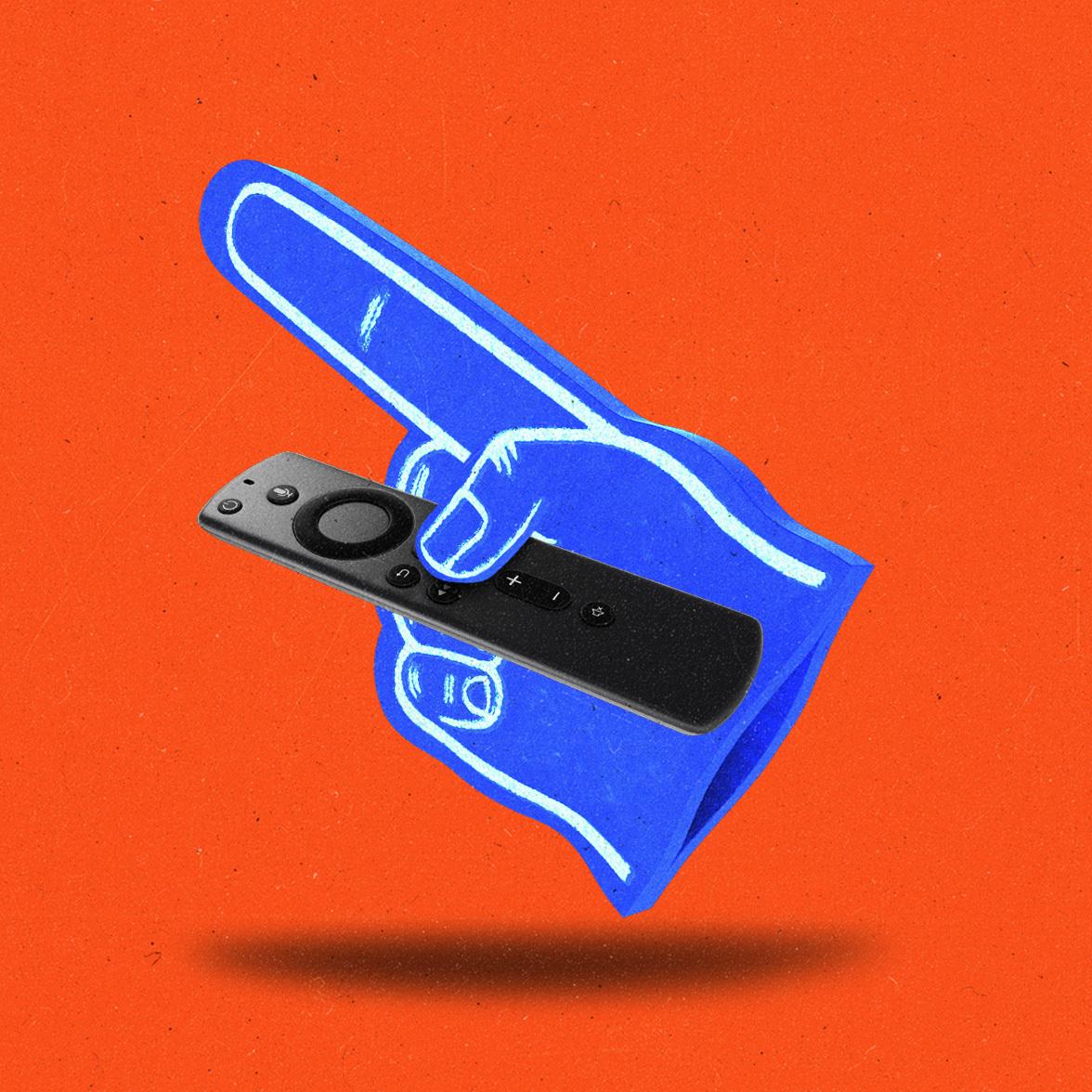 Blue foam finger pointing and using a streaming remote.