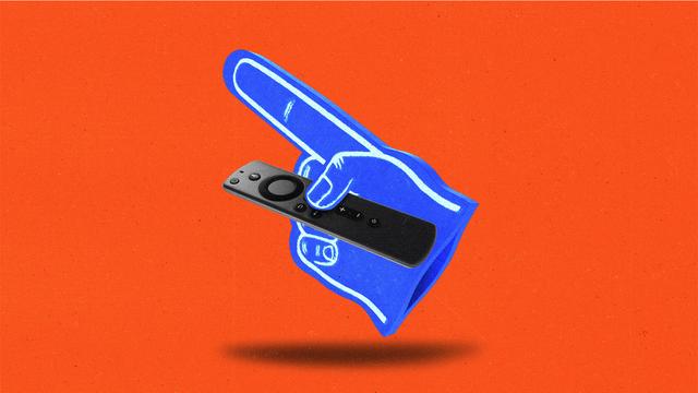 Blue foam finger pointing and using a streaming remote.