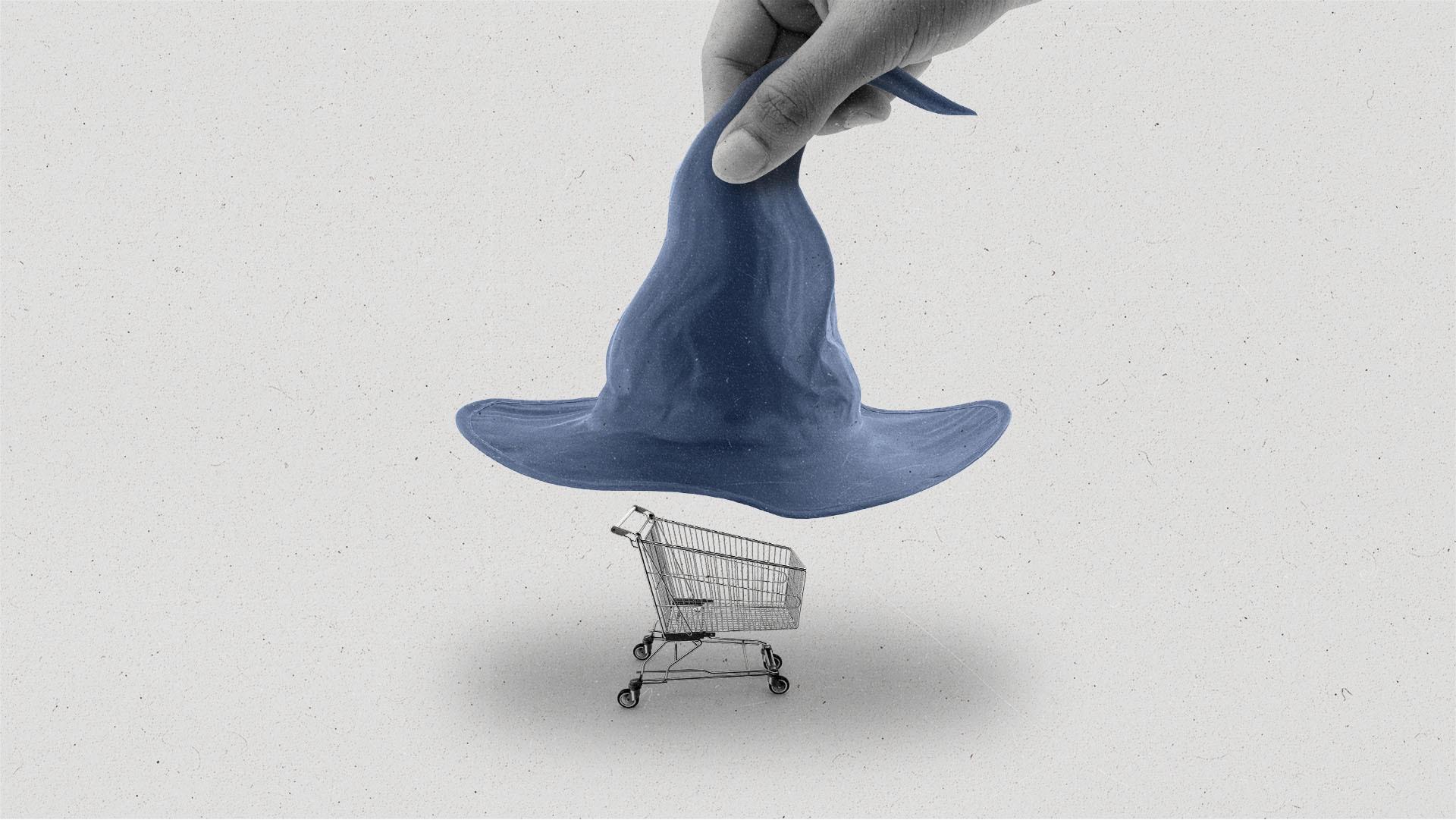 A hand pulling up a wizard hat with a shopping cart underneath.