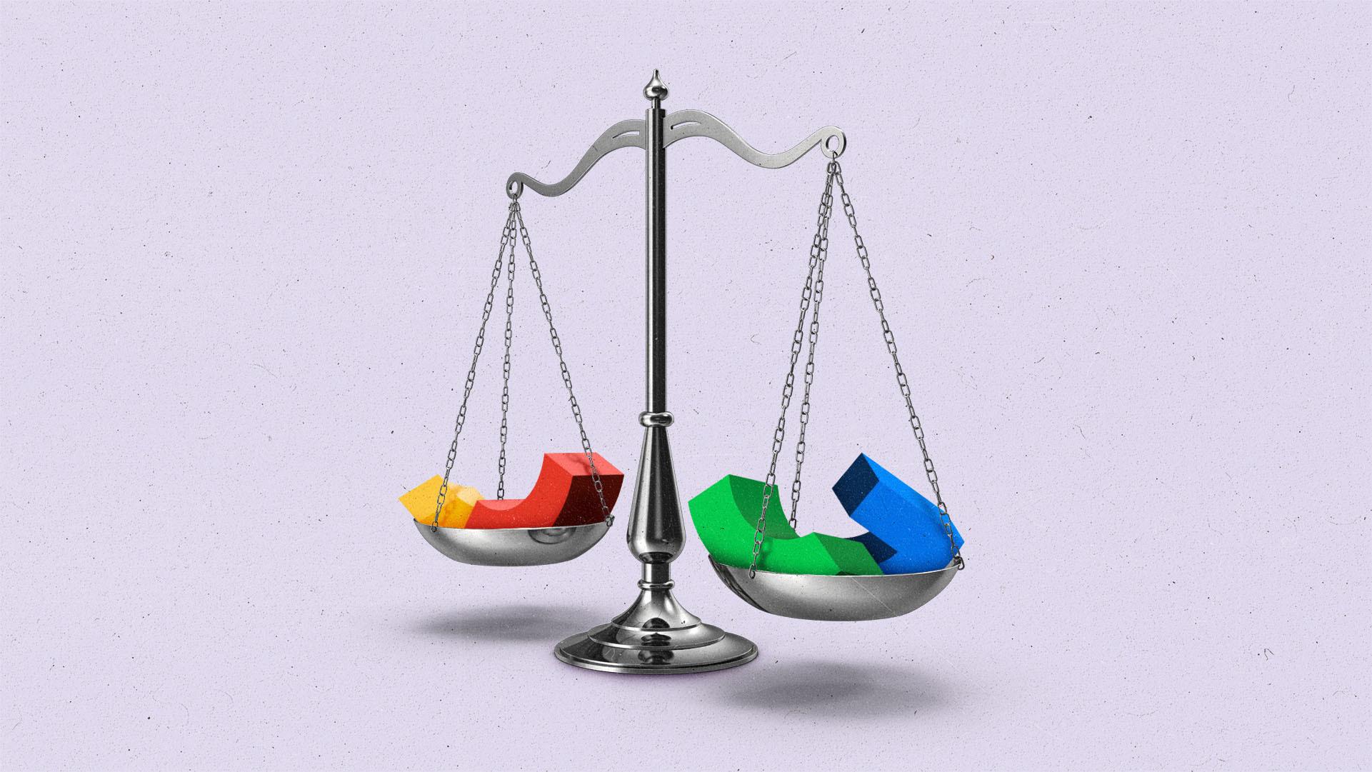 The scales of justice hold geometric blocks in Google brand colors.