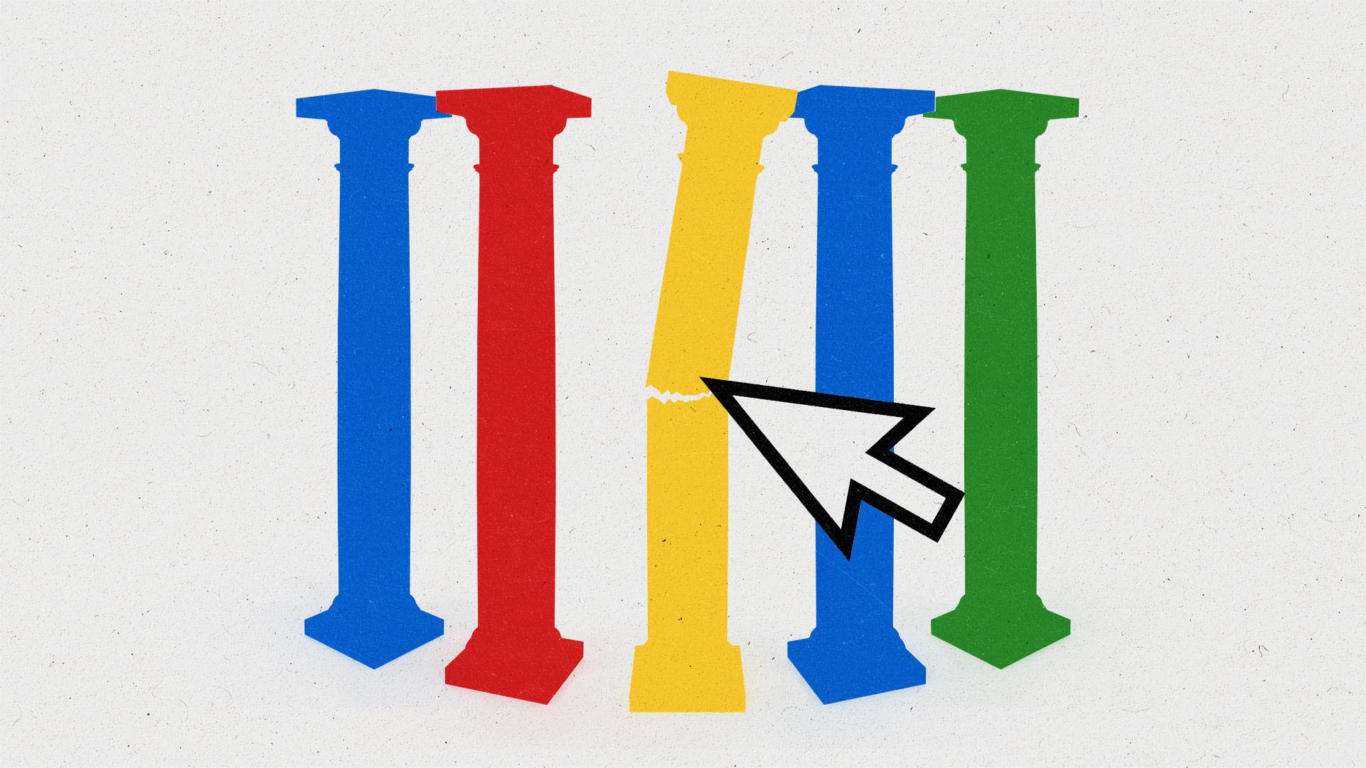 Five columns colored blue, red, yellow and green lined up, with a cursor clicking and breaking the center column.