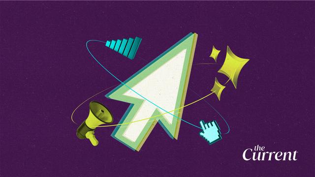 AI sparkle, megaphone, data, and cursor orbiting and 'creating' a large cursor