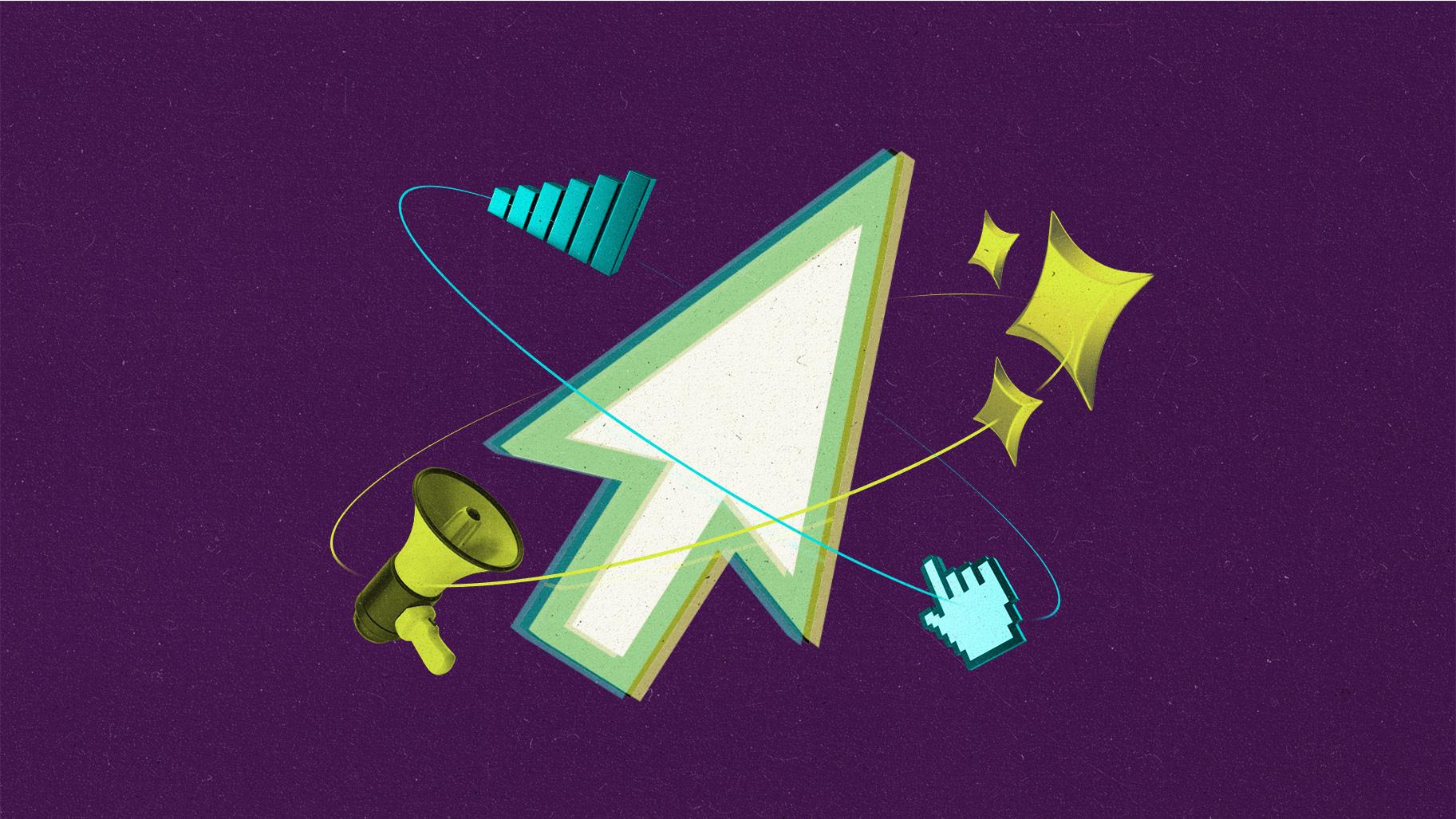 AI sparkle, megaphone, data, and cursor orbiting and 'creating' a large cursor