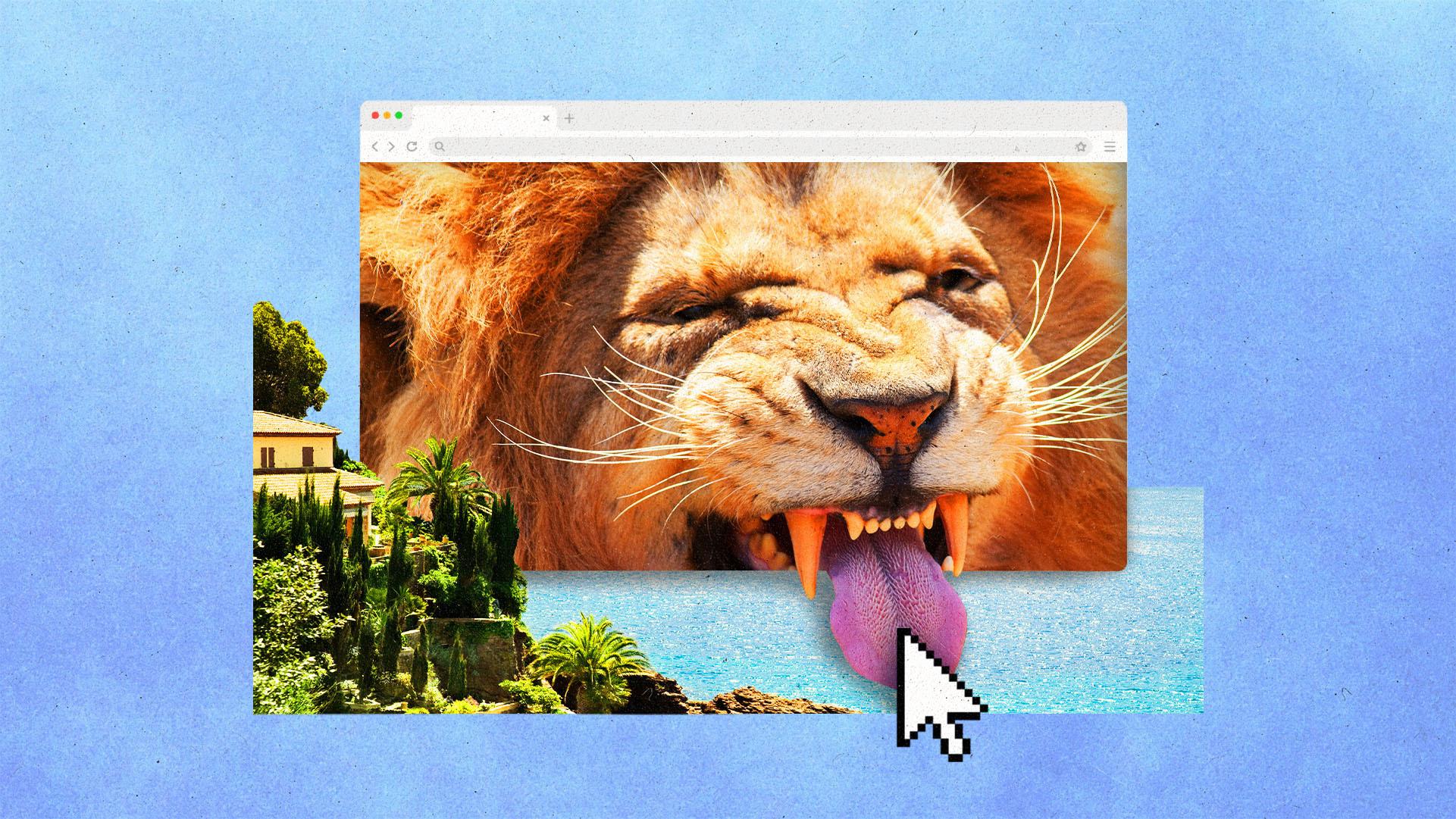 a pixelated cursor reaching into a browser window and grabbing the tongue of a lion.