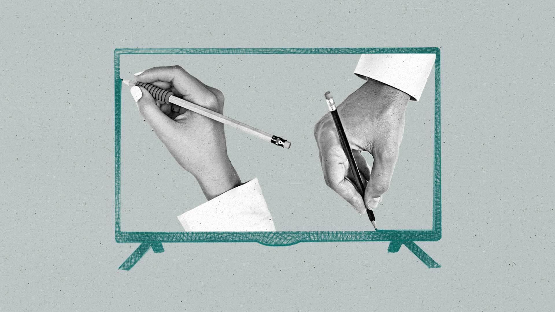 Two hands within a connected TV draw the TV itself.