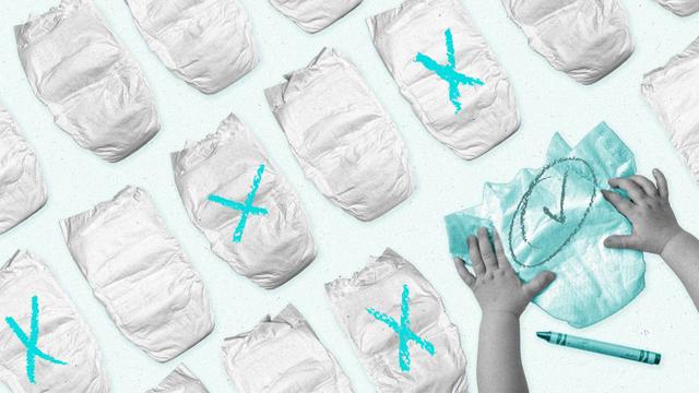 A pattern of diapers contains X's over some of them while a baby's hands choose a blue diaper with a checkmark on it.
