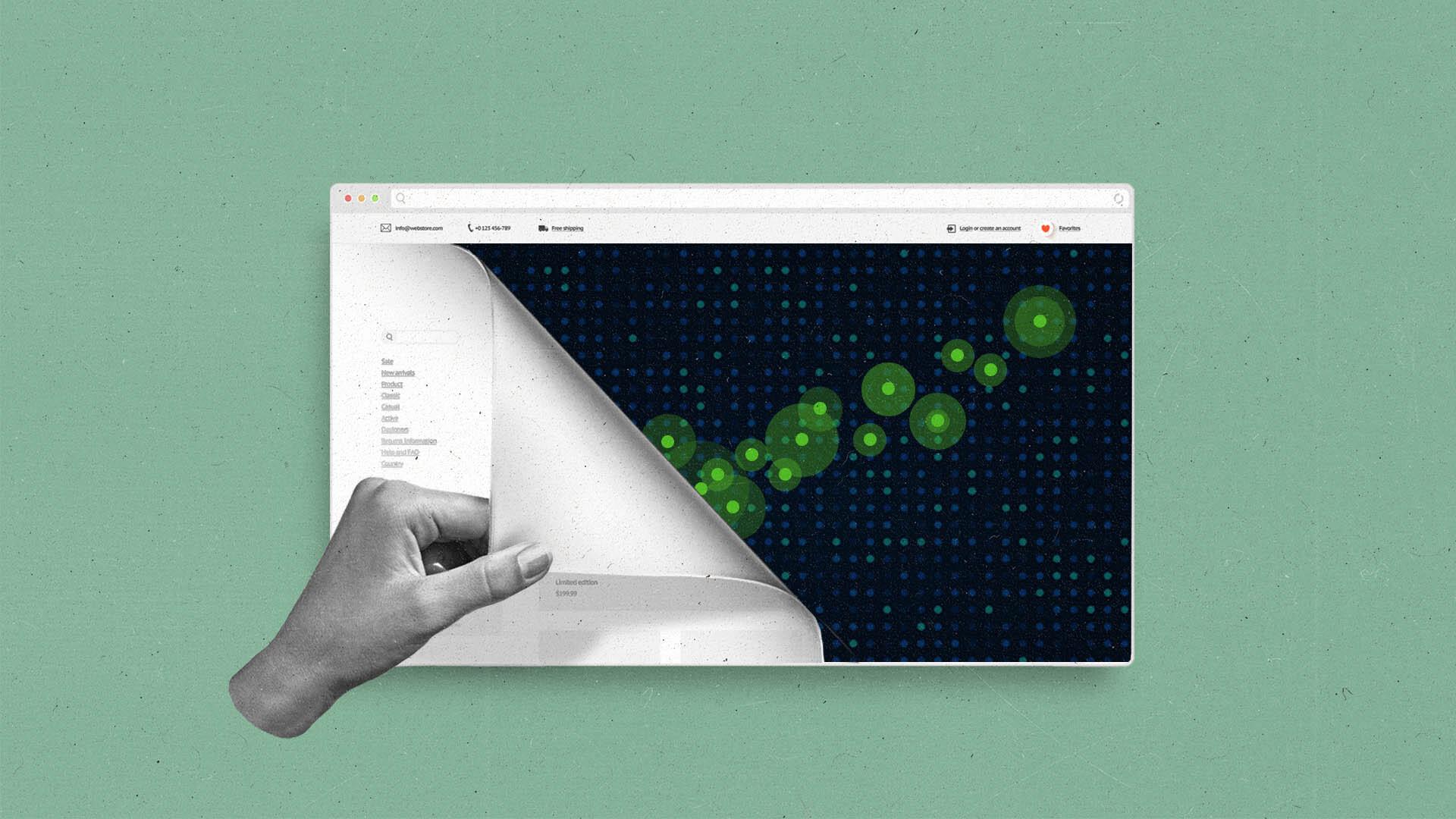 A hand peels back a browser window to show glowing data visualizations behind it.