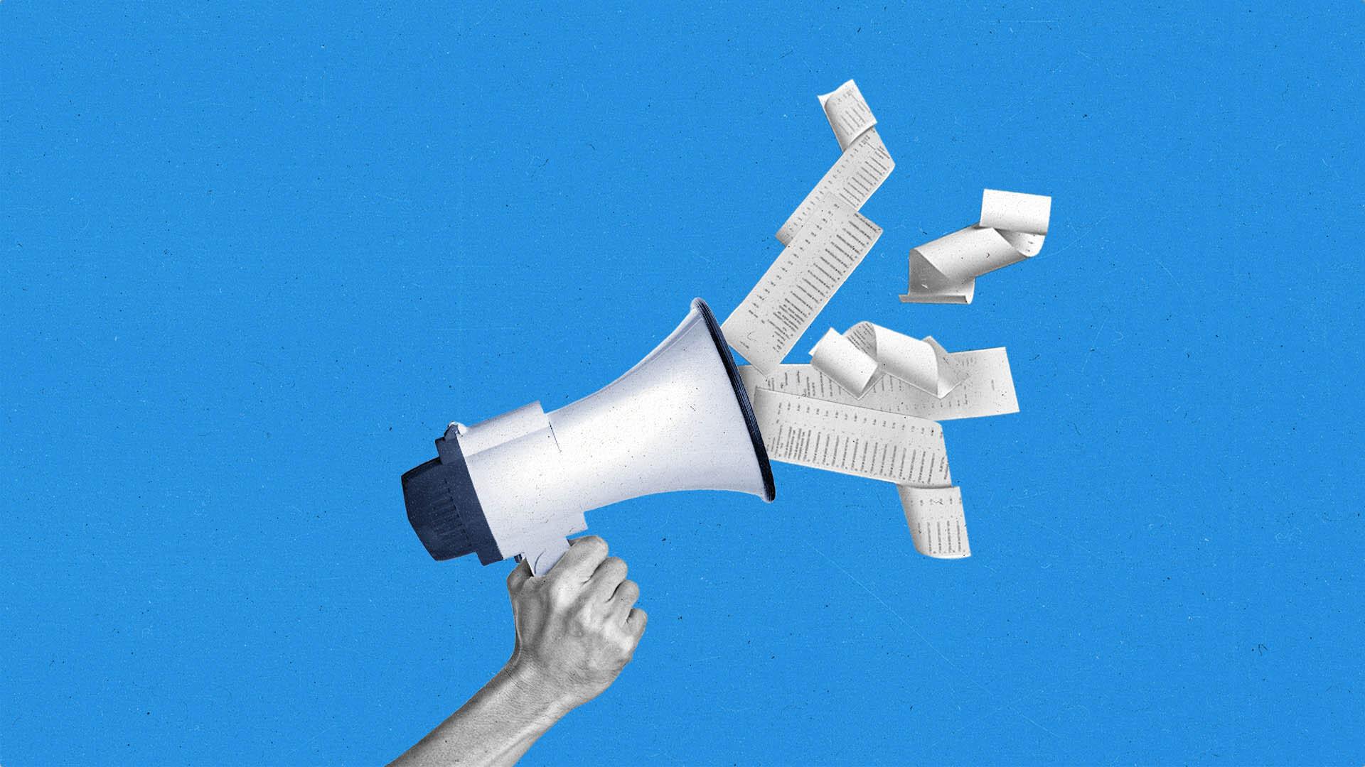 A hand holds up a megaphone with multiple receipts flying out of it.
