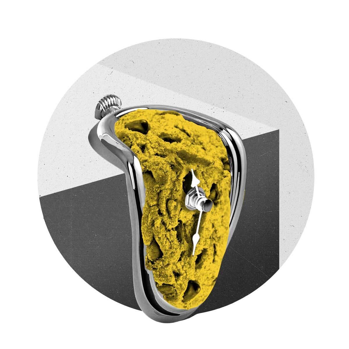 A cookie-shaped melting clock droops down a corner.