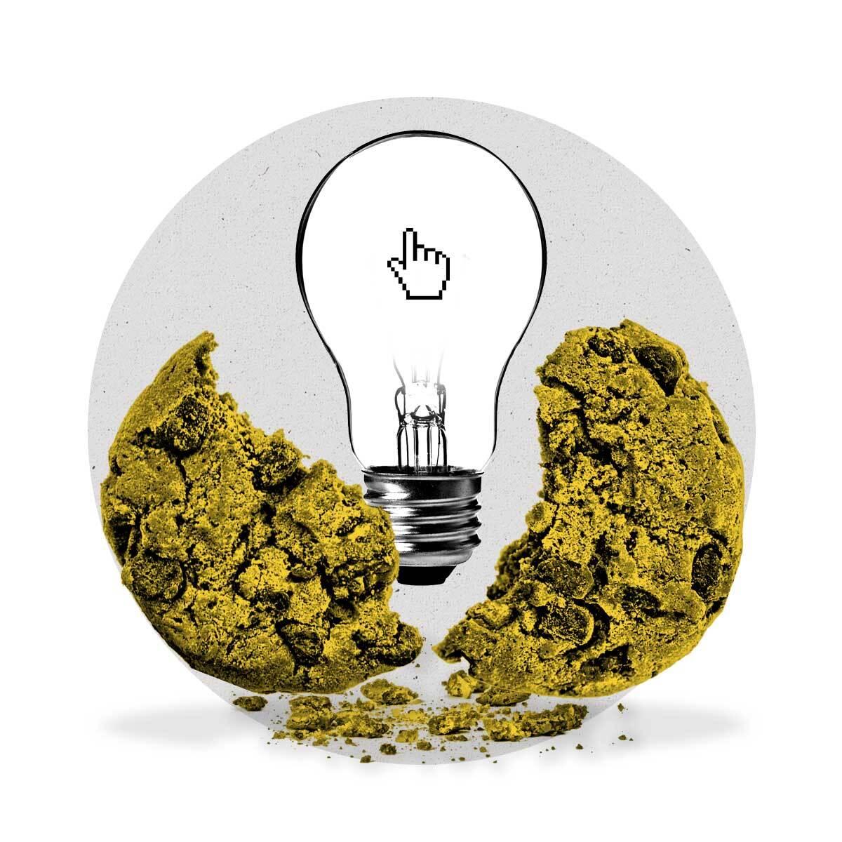 A cookie splits in half as a shining lightbulb with a finger cursor emerges.
