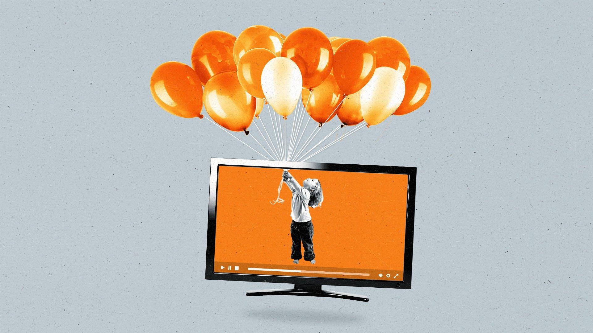 An onscreen child on a connected TV is holding balloons that are making the TV rise into the air.