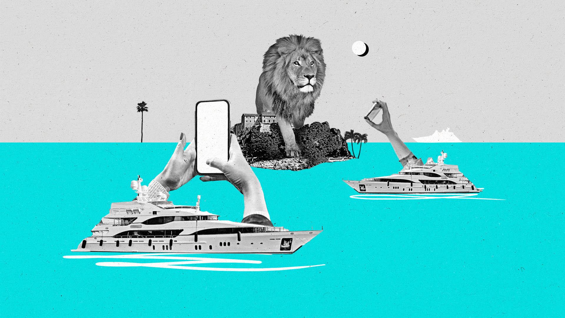 Two yachts with hands holding smartphones sail and face an oversized lion on an island.