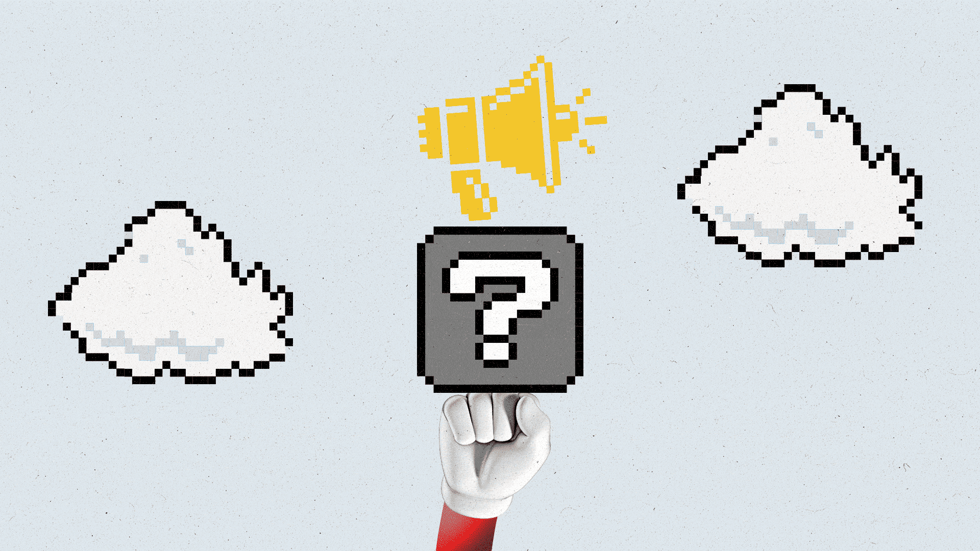 A gloved hand punches a box with a question mark as a flashing megaphone powerup hovers above.