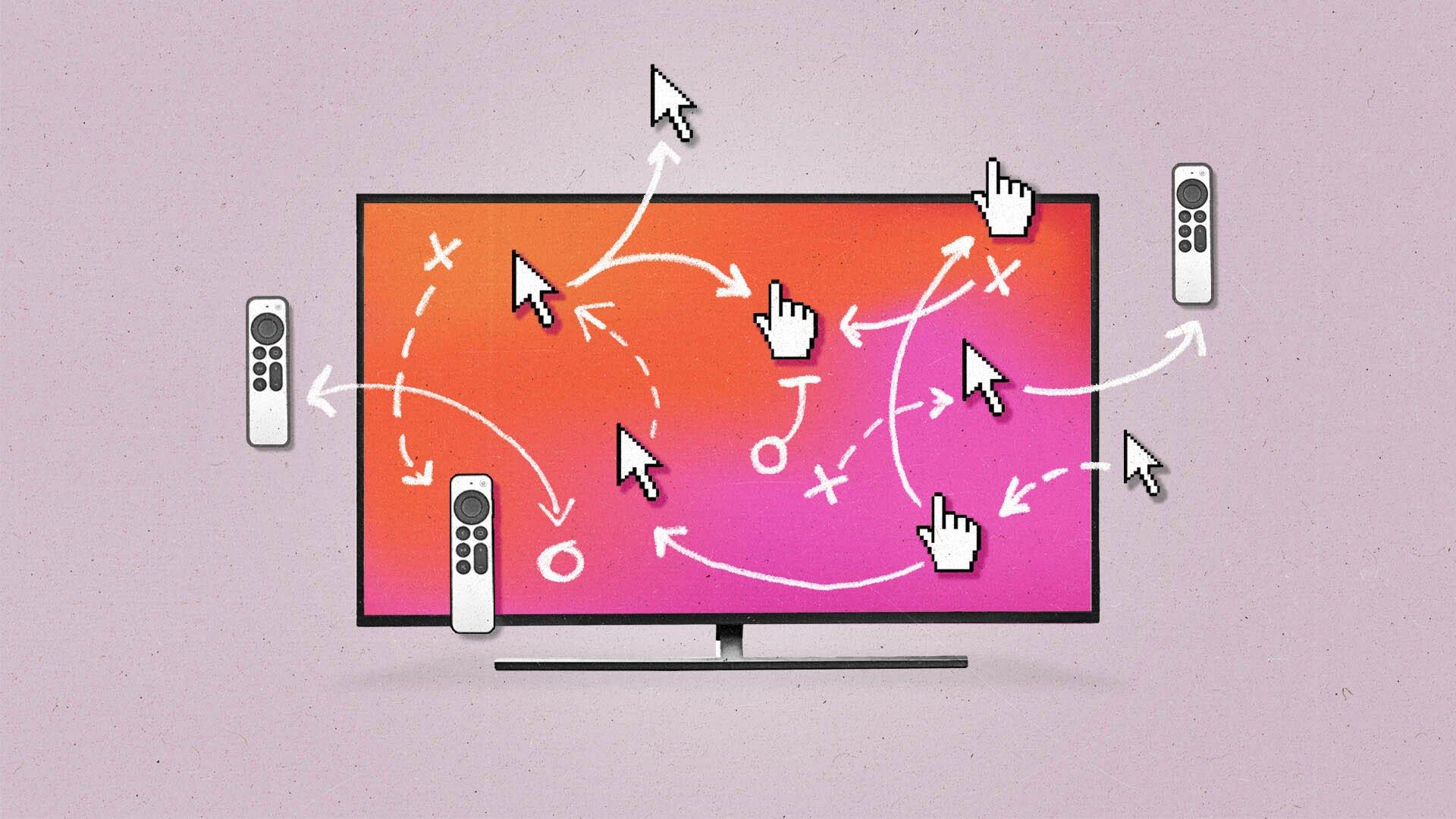 A strategy play illustration emerging from an orange and pink television screen amidst floating mouse cursor and CTV remote icons