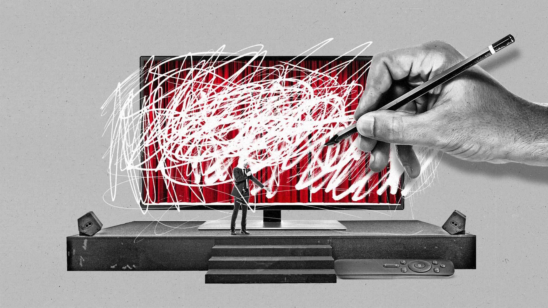 A hand holding a pencil scribbles out a man presenting onstage with an oversized connected TV and streaming remote.