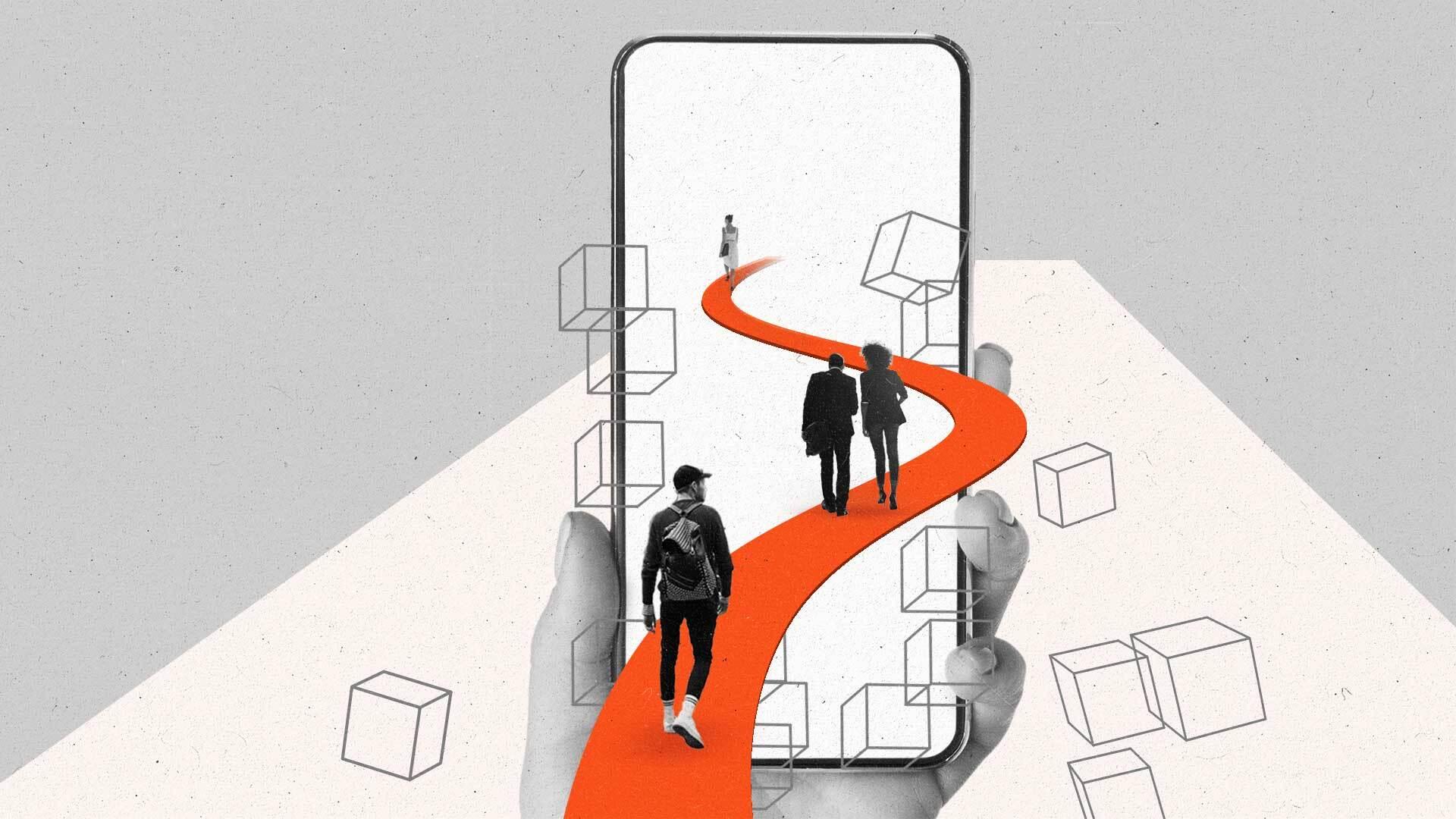 Four people walk along a path into a smartphone as translucent bricks fall away around them.