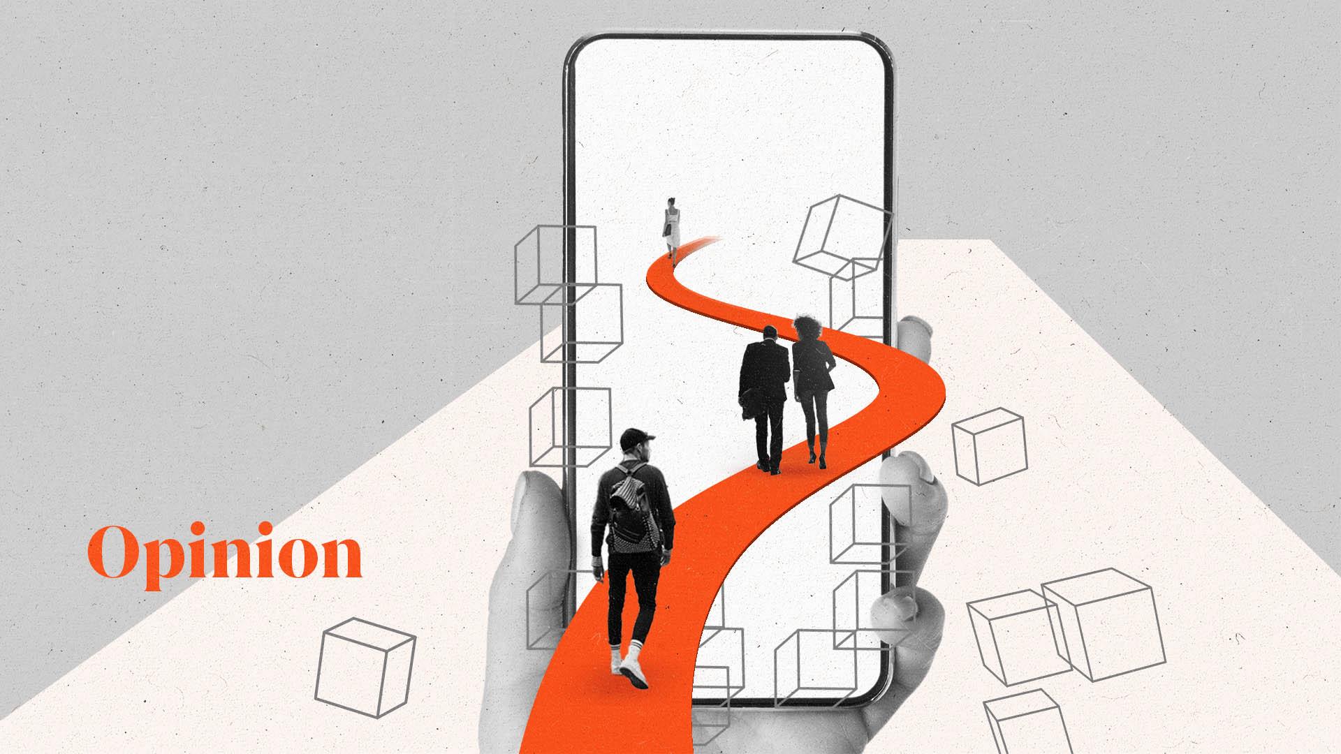 Four people walk along a path into a smartphone as translucent bricks fall away around them.