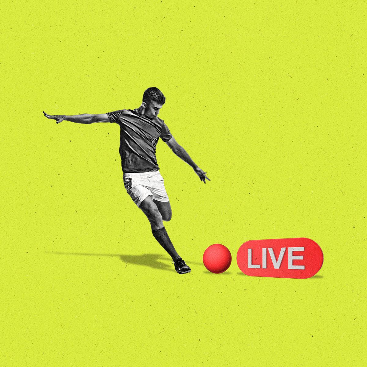 A soccer player kicking a ball resembling the dot to a live recording.